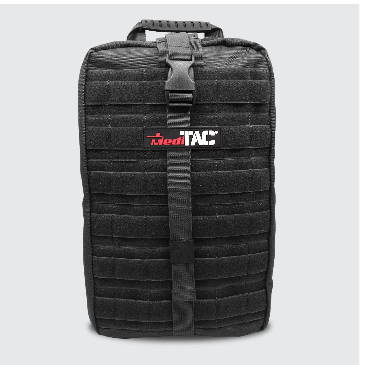 MediTac Kits Rip-Away Fully Stocked Tactical Trauma Kit with chest seals, tourniquet, and bleeding control supplies on a white background.