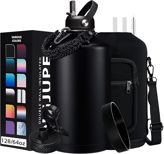 128OZ Insulated Water-Bottles with Strap - 1 Gallon Large Water Jug with Straw & Spout Lid, Stainless Steel Water Bottle Leak Proof, Cold-48h Hot-24h Metal Water Flask w/Paracord Handle, Carrier Bag - OVERLANDERS Outfitter