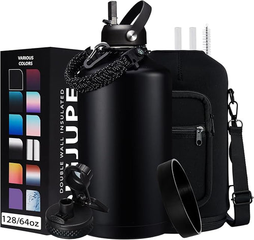 128OZ Insulated Water-Bottles with Strap - 1 Gallon Large Water Jug with Straw & Spout Lid, Stainless Steel Water Bottle Leak Proof, Cold-48h Hot-24h Metal Water Flask w/Paracord Handle, Carrier Bag - OVERLANDERS Outfitter