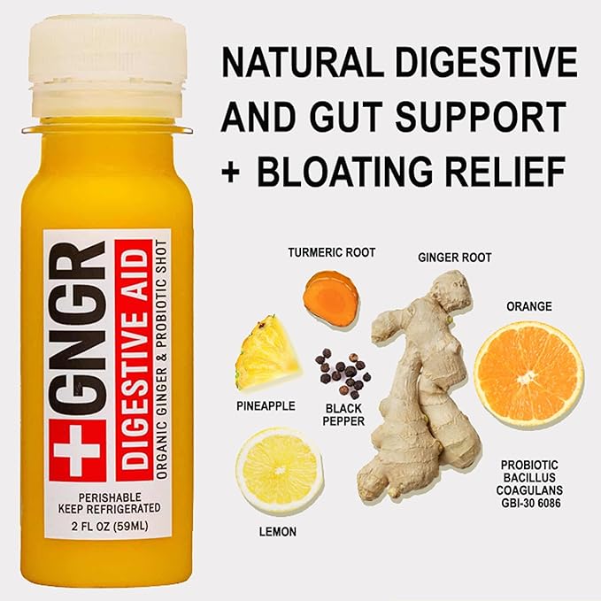 '+GNGR Digestive Aid Organic Ginger Shots with Probiotics, Gut Health, Colon Cleanse, Bloating Relief, Gut Detox, Immunity Shots with Ginger Juice, Turmeric, Black Pepper. (2 Oz, Pack of 12) - OVERLANDERS Outfitter