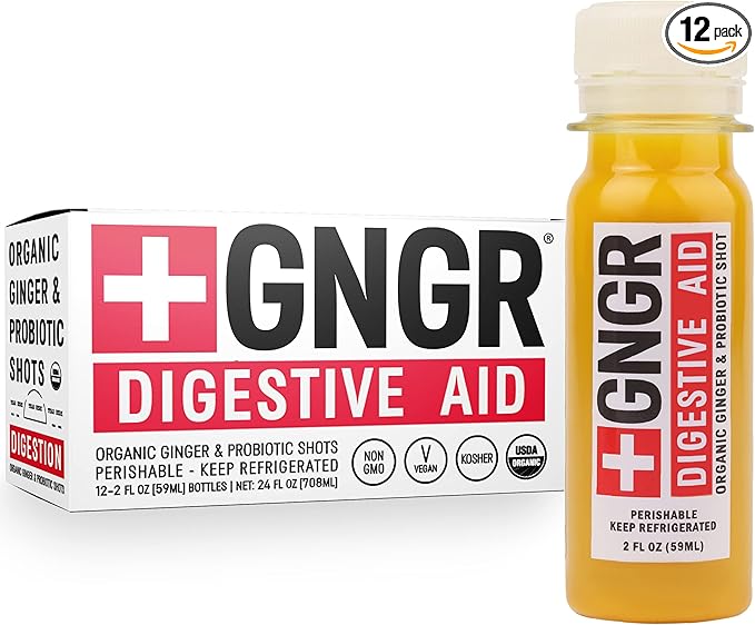 '+GNGR Digestive Aid Organic Ginger Shots with Probiotics, Gut Health, Colon Cleanse, Bloating Relief, Gut Detox, Immunity Shots with Ginger Juice, Turmeric, Black Pepper. (2 Oz, Pack of 12) - OVERLANDERS Outfitter