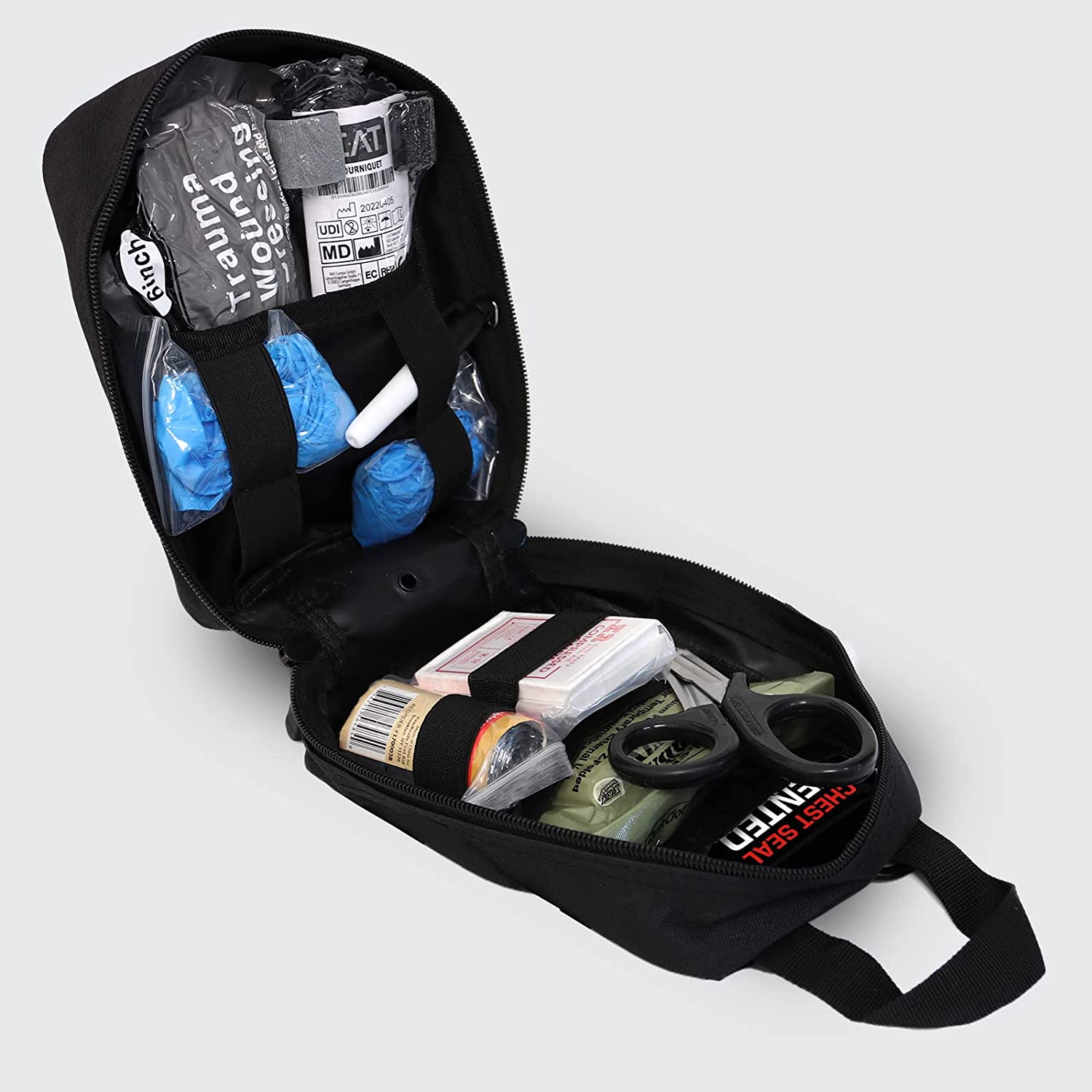 MediTac Kits premium trauma IFAK compact first aid kit with CAT tourniquet and chest seals, ready for emergency medical situations.