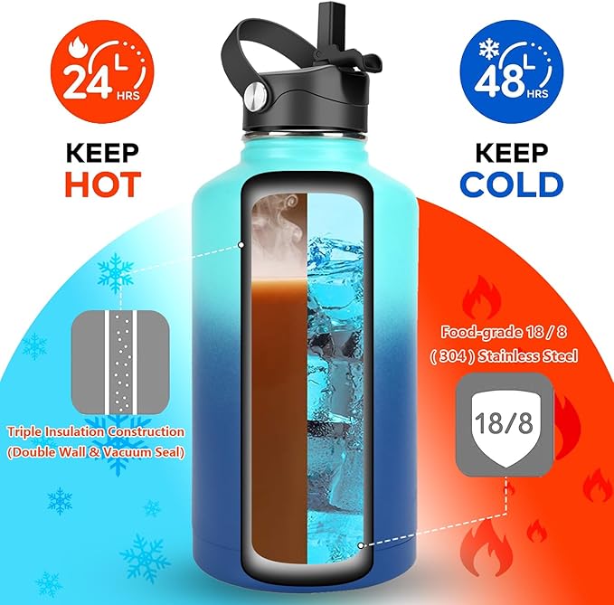 Water Bottle Insulated 32oz 40oz 64oz 128oz Straw Lid Spout Lid & 3 Lids, Leak Proof, Vacuum Insulated,Stainless Steel Water Bottle Wide Mouth for Sports, Gym or Office - OVERLANDERS Outfitter