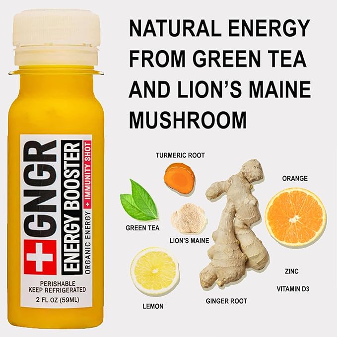 '+GNGR Energy Booster & Immunity Shot, Cold-Pressed Ginger Shots with Lions Mane, 75mg of Natural Caffeine Green Tea, Turmeric Root, Vitamin D & Zinc for All Natural Immune Support (2 Oz, Pack of 12) - OVERLANDERS Outfitter