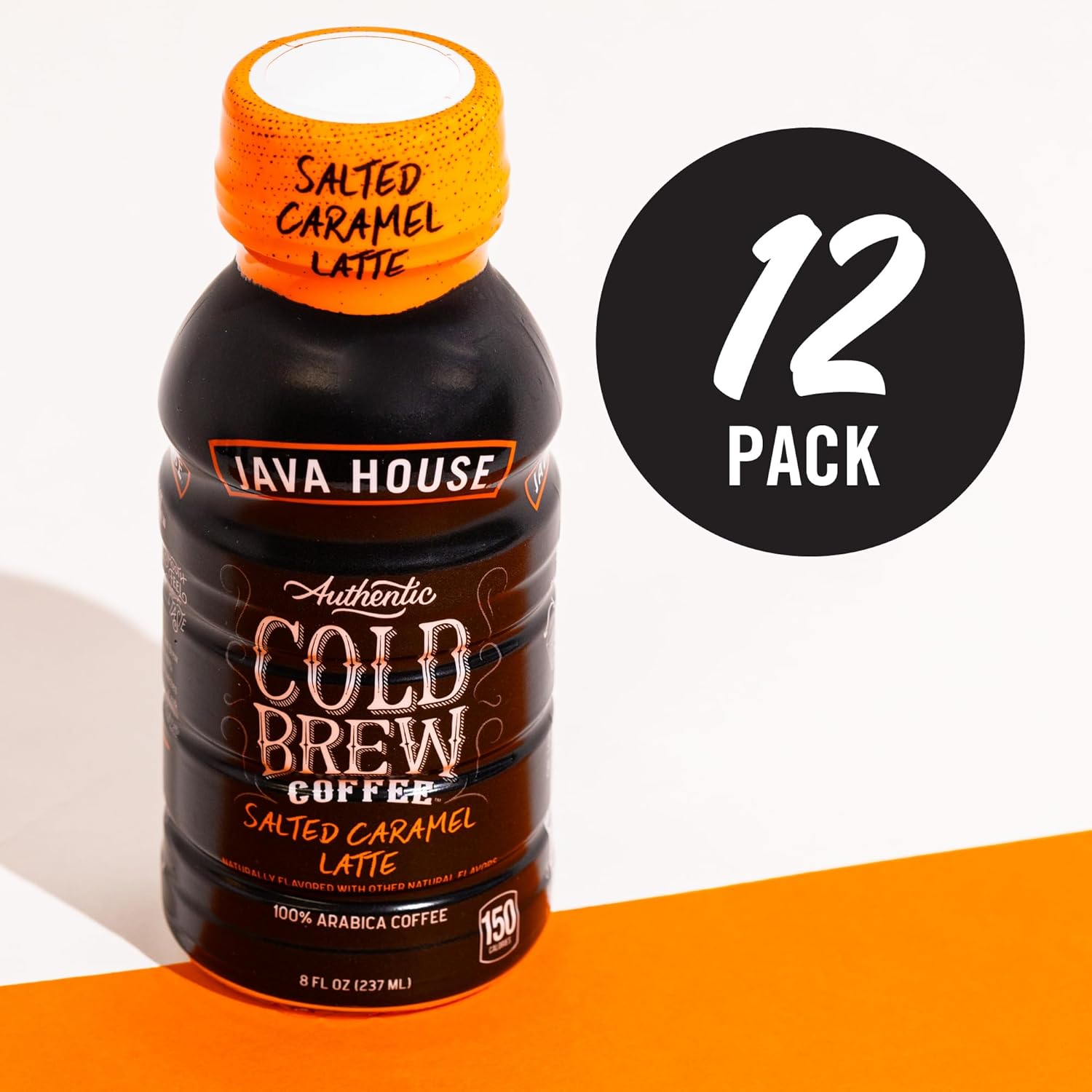 Pack of 12 Java House Salted Caramel Latte Cold Brew 8oz bottles showing the bottled beverages with caramel flavor labels.