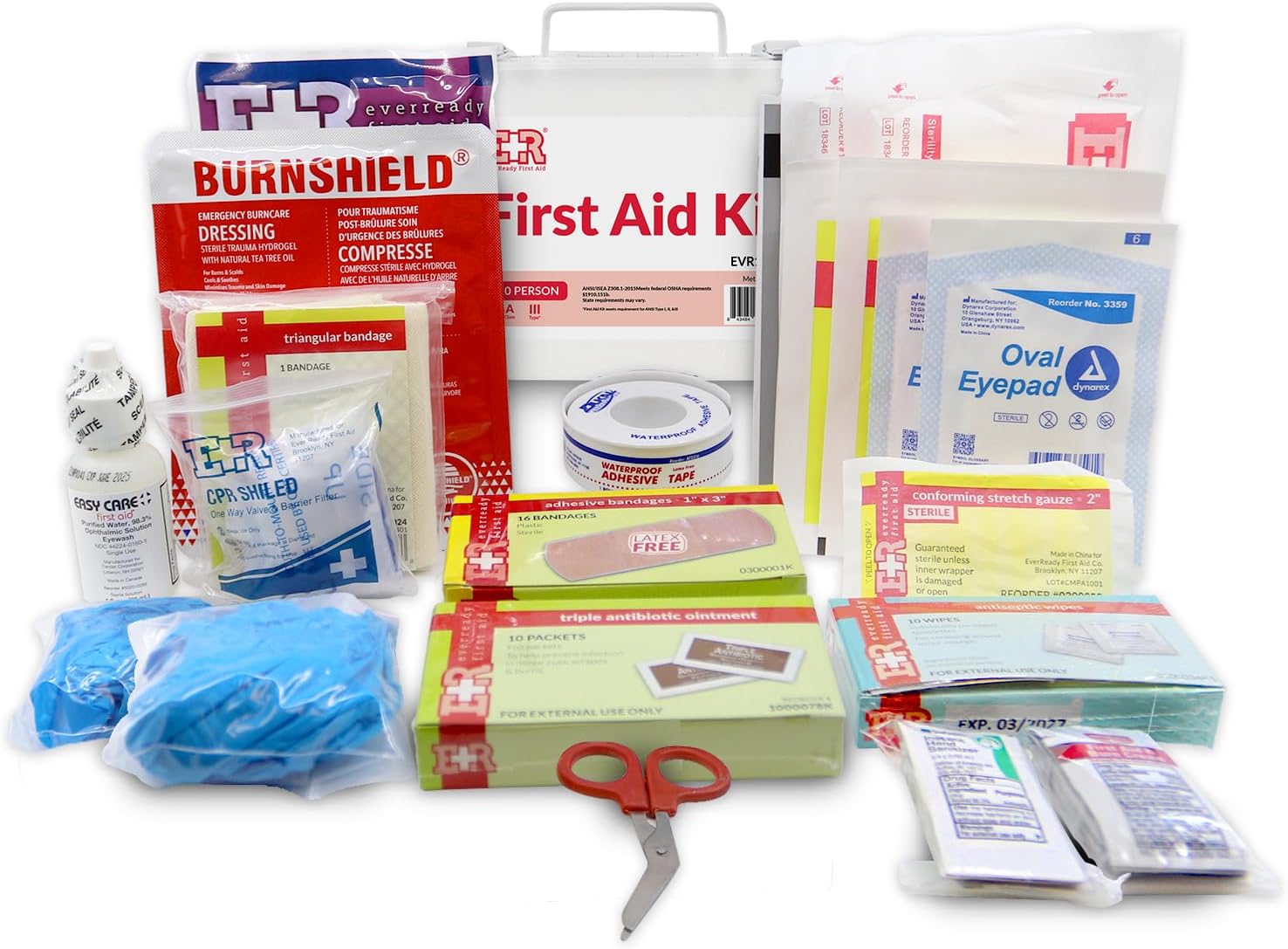 MediTac Kits 10-person first aid kit in a metal case with medical supplies and first aid essentials for emergency use.
