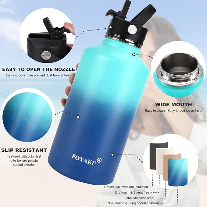 Water Bottle Insulated 32oz 40oz 64oz 128oz Straw Lid Spout Lid & 3 Lids, Leak Proof, Vacuum Insulated,Stainless Steel Water Bottle Wide Mouth for Sports, Gym or Office - OVERLANDERS Outfitter