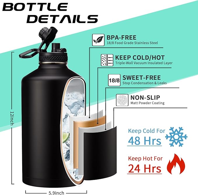 128OZ Insulated Water-Bottles with Strap - 1 Gallon Large Water Jug with Straw & Spout Lid, Stainless Steel Water Bottle Leak Proof, Cold-48h Hot-24h Metal Water Flask w/Paracord Handle, Carrier Bag - OVERLANDERS Outfitter