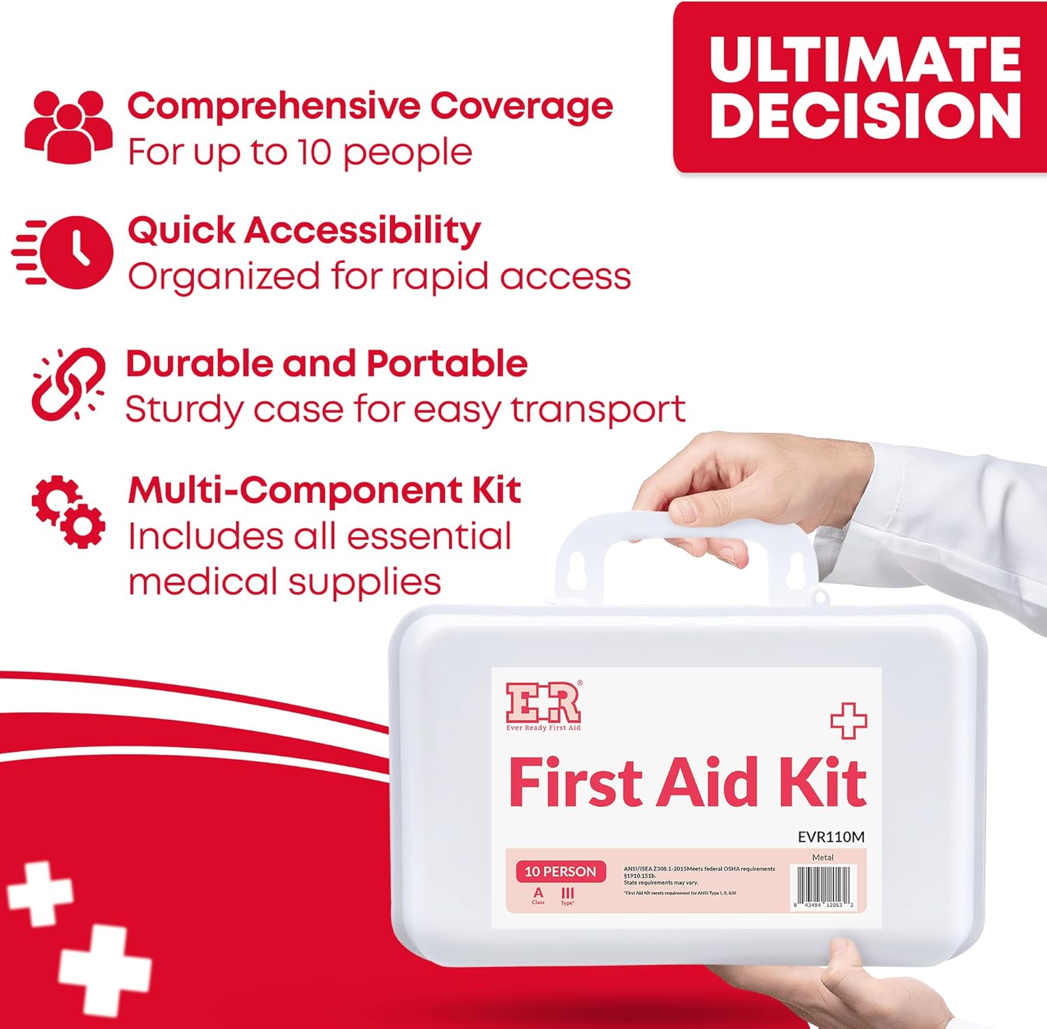 MediTac 10-Person First Aid Kit Type III with ANSI A and OSHA compliance, containing medical supplies in a portable case