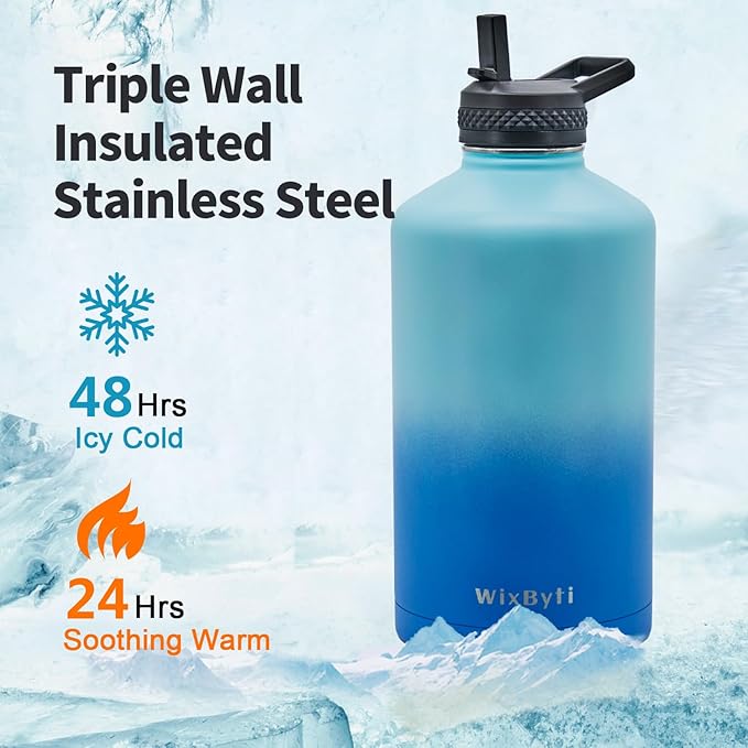 One Gallon Water Bottle Insulated, Triple Wall Vacuum Cold for 48 Hrs & Leak-proof & Non-BPA, 128oz Large Sports Stainless Steel Water Jug with Paracord Handle Straw Spout Lids & DIY Stickers - OVERLANDERS Outfitter