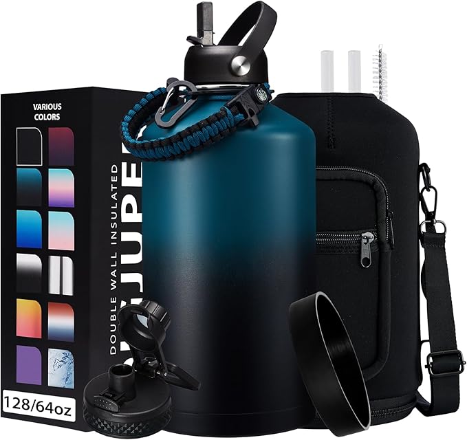 1 Gallon Water Bottle Stainless Steel - 128oz Insulated Flask Water Bottle with Sleeve Strap, Big Water Jug with Straw & Spout Lid, Gym Camping Gallon Water Bottle w/Paracord Handle, protective Boot - OVERLANDERS Outfitter