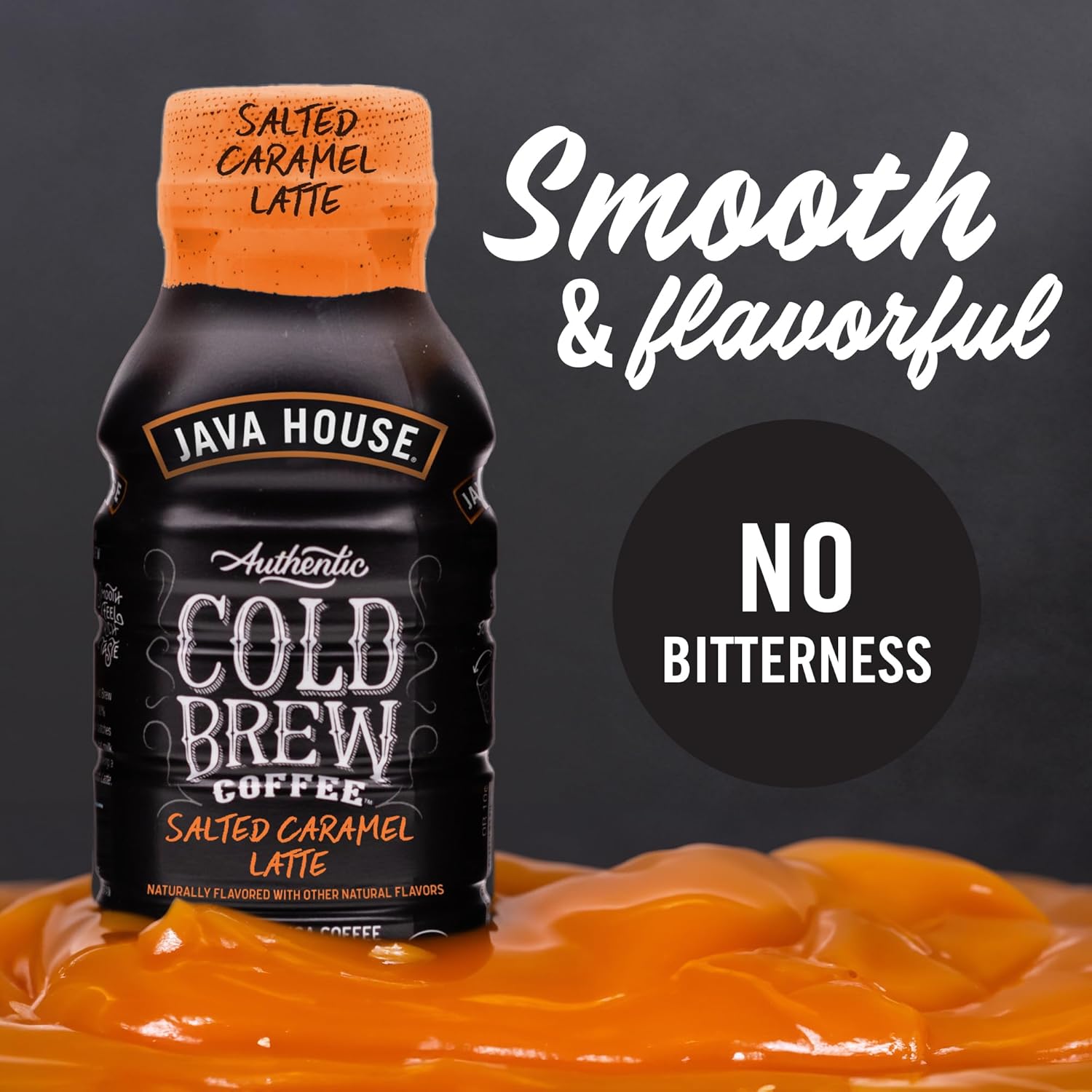 Java House Salted Caramel Latte cold brew bottles, 8oz each, pack of 12, with caramel and coffee in clear bottles.
