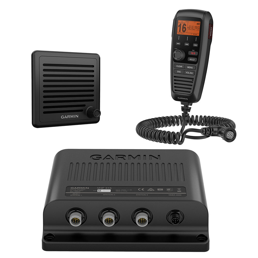 Garmin VHF 315 Marine Radio fixed mount VHF radio for boats, featuring digital display and control knob.