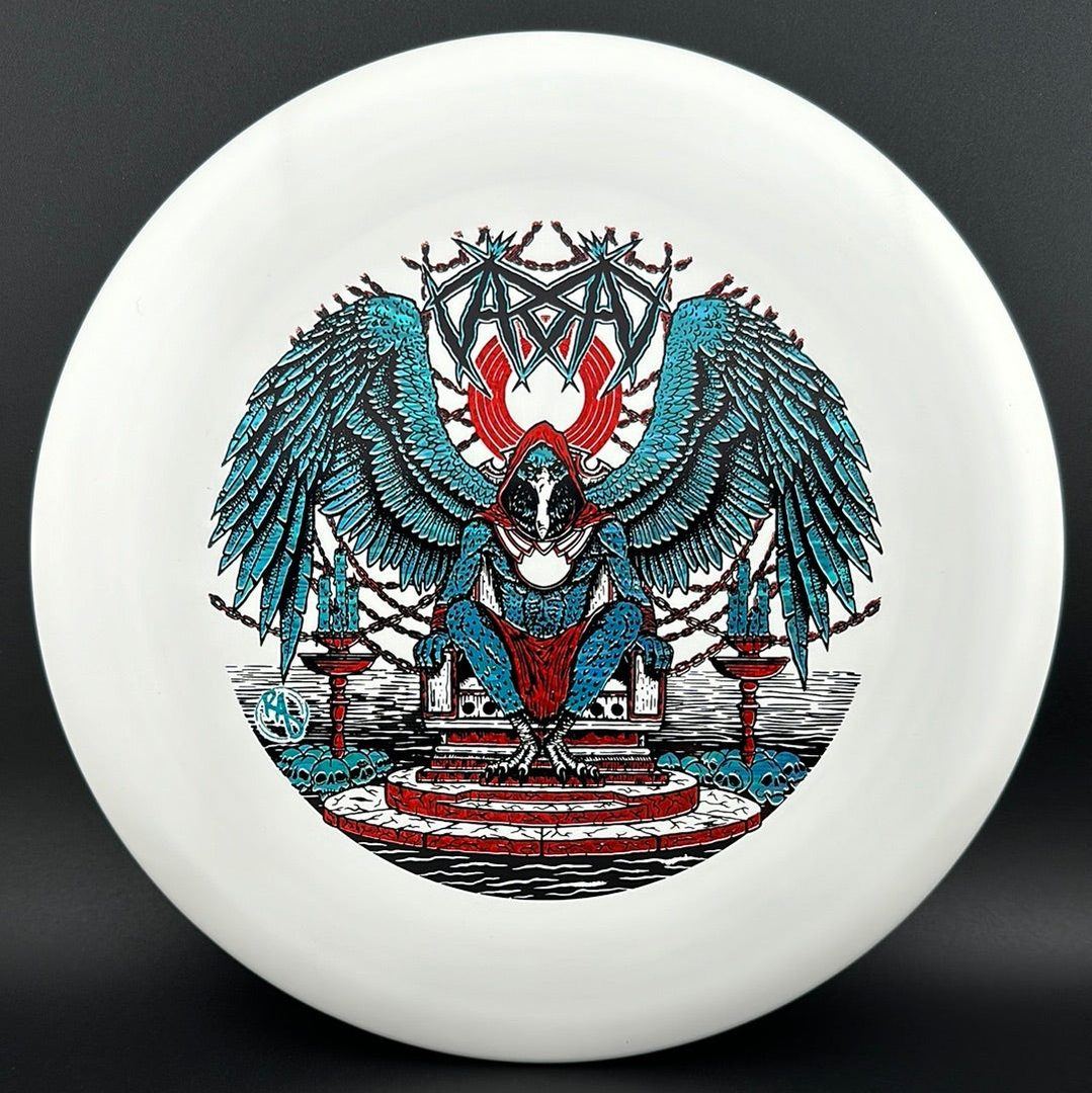 ESP Glo Buzzz disc golf disc by Rare Air Discs featuring Karudi the Overseer artwork, vibrant glow-in-the-dark finish.