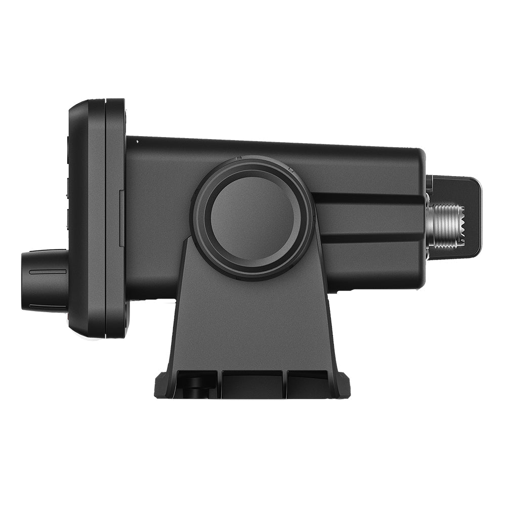 Garmin VHF 115 marine radio with fixed mount, compact VHF radio for boat communication, shown in image.