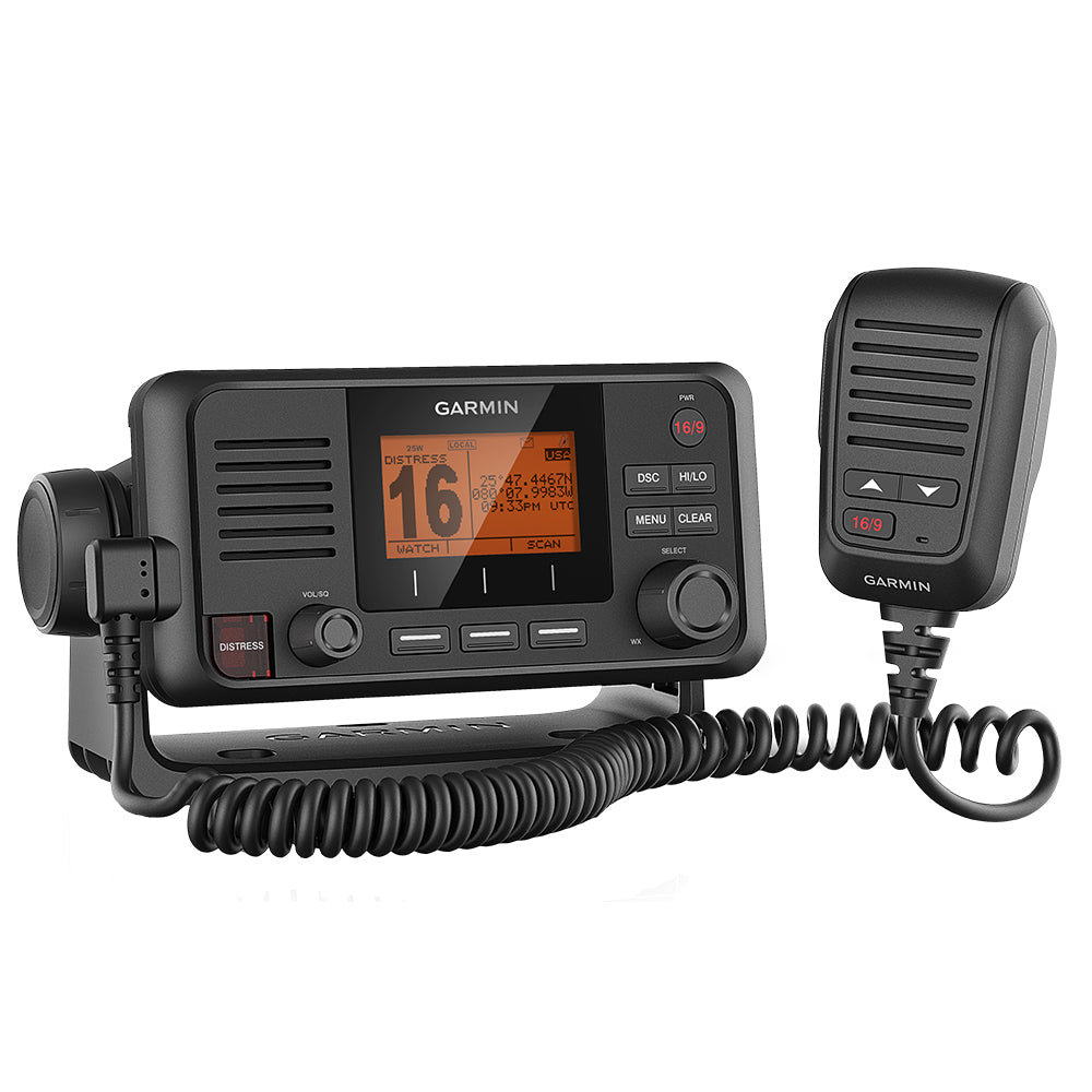 Garmin VHF 115 marine radio fixed mount device with digital display and control buttons, designed for boat communication.