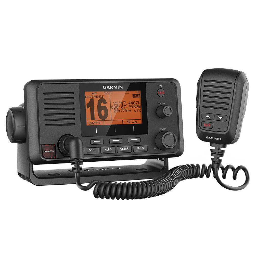 Garmin VHF 215 marine radio fixed mount VHF radio for boat communication with digital display and microphone.