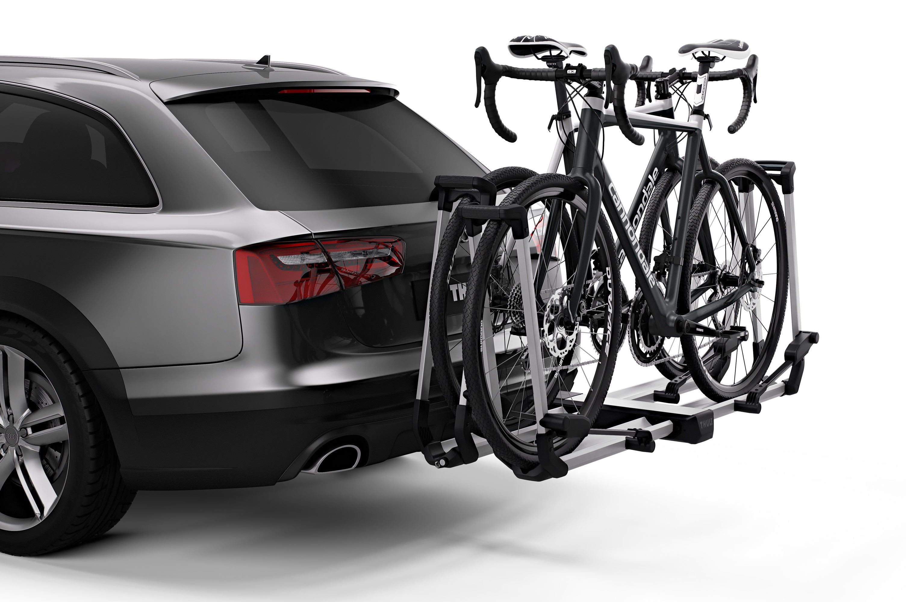 Thule Helium Platform XT 2 bike rack from Backcountry Sportsman mounted on a vehicle, designed for secure bike transportation.