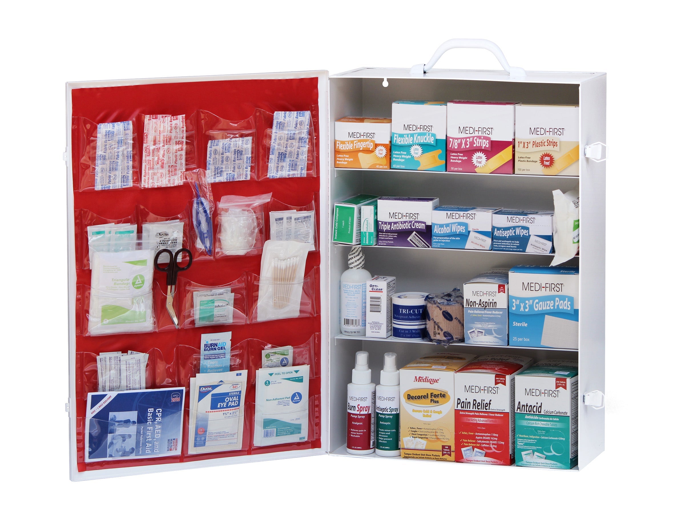 Alpenglow Readiness Supply 4-shelf ANSI cabinet filled with first aid supplies, organized and labeled for easy access.