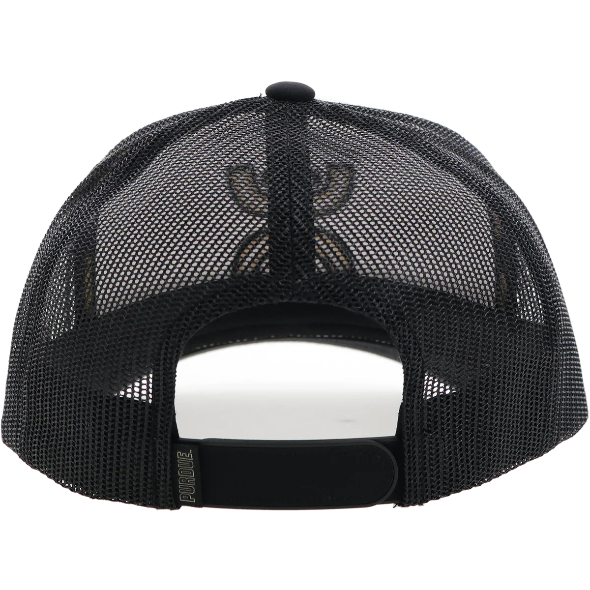 Black, white, and gold HOOey Purdue University trucker cap with mesh back and adjustable snap closure.