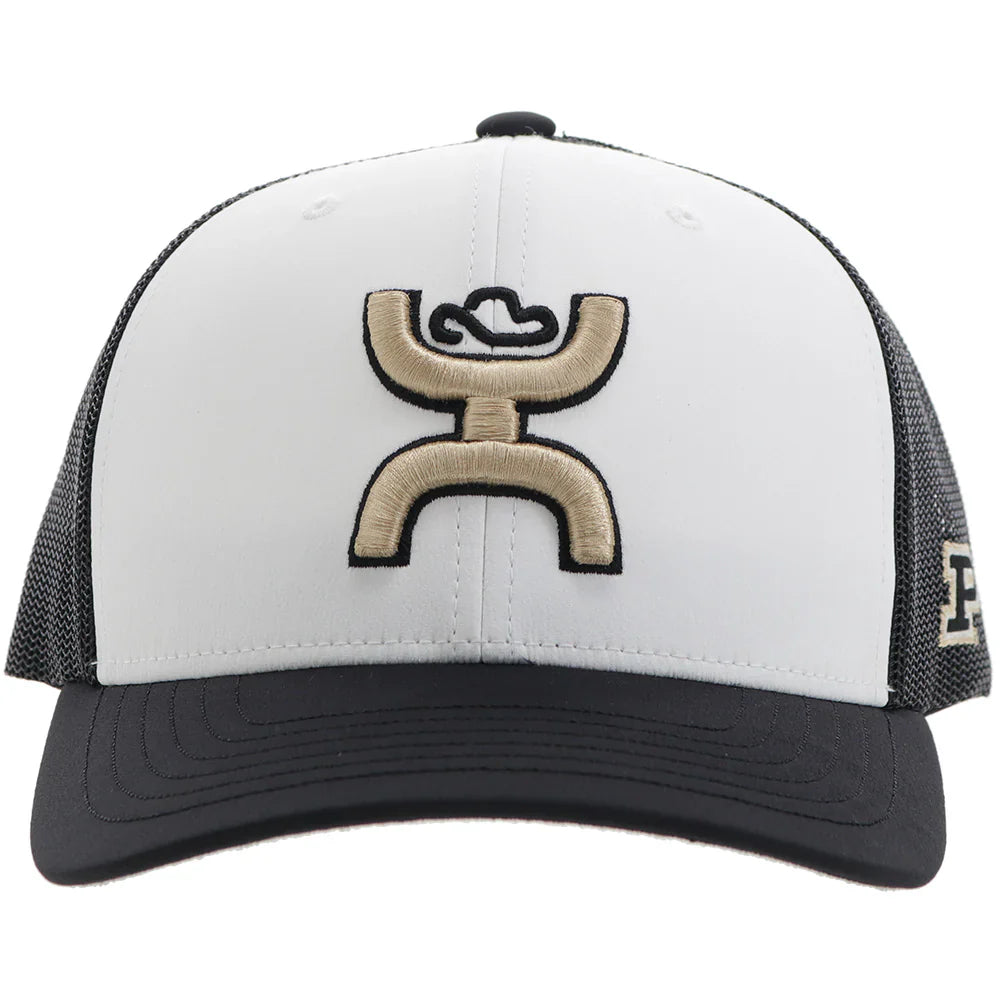 Black and white trucker cap featuring Purdue University logo and gold accents, branded by HatCountry.