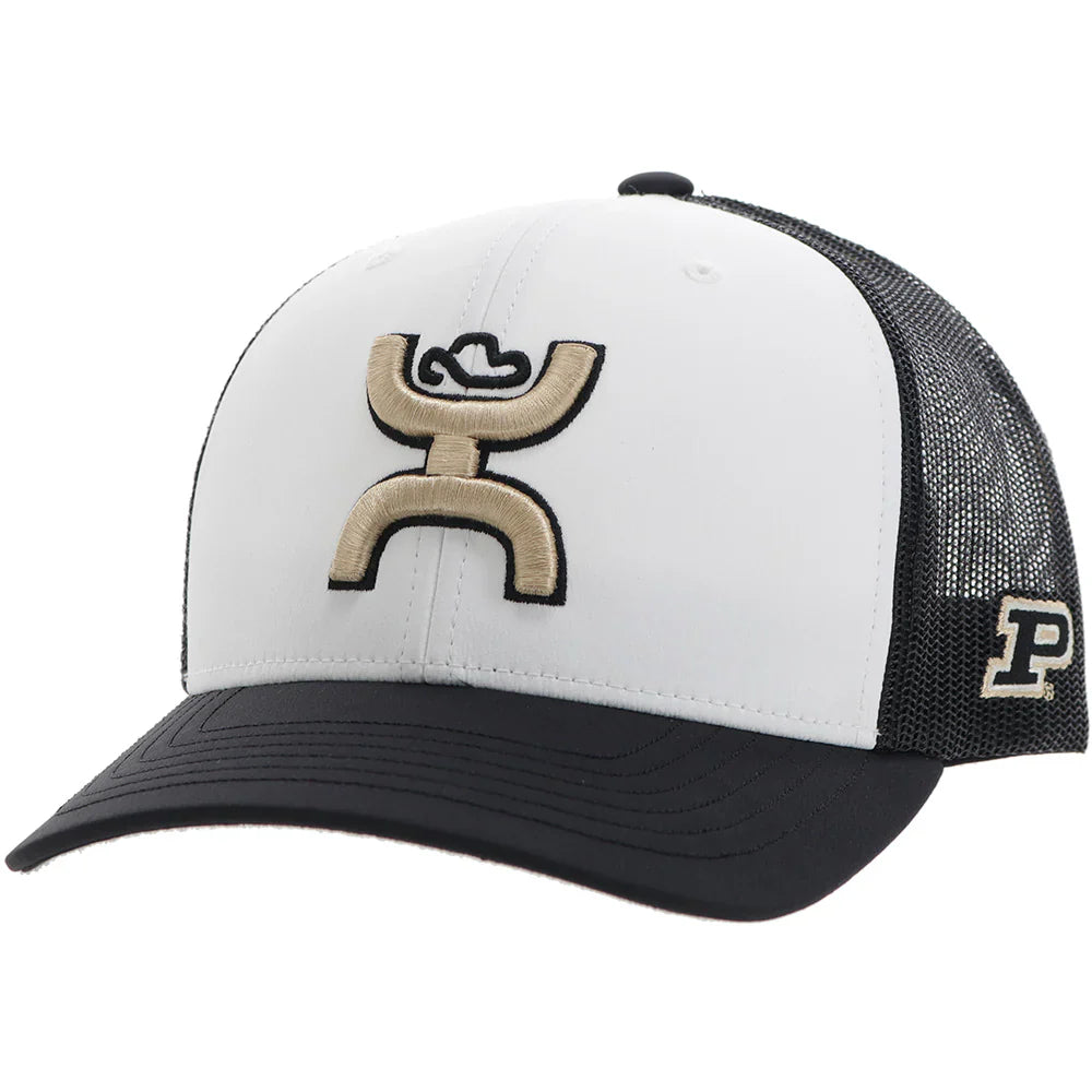 Black, white, and gold HOOey Purdue University trucker cap with mesh back and curved brim, featuring university logo and branding.