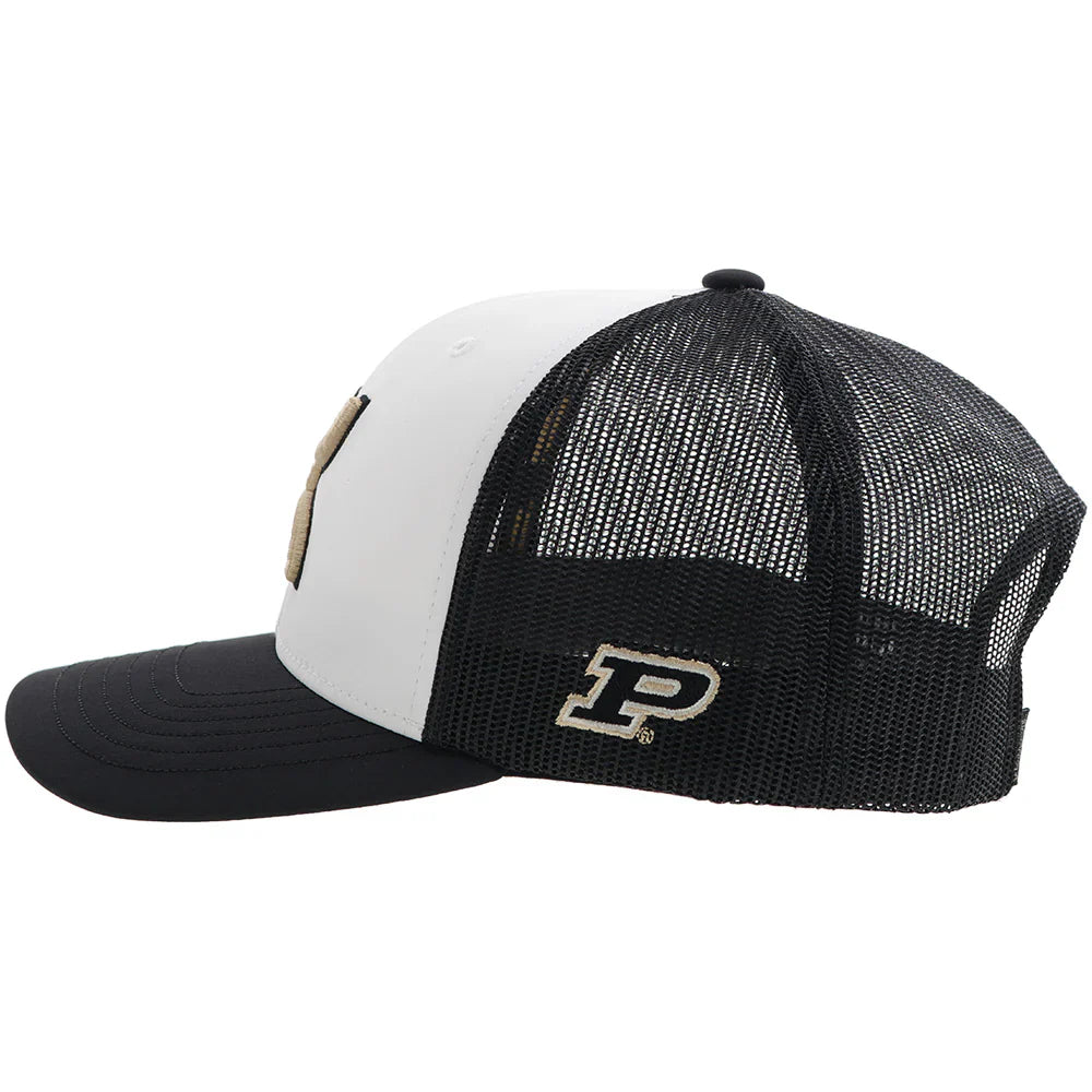 Black, white, and gold trucker cap featuring Purdue University logo, showcasing breathable mesh and adjustable snapback closure.