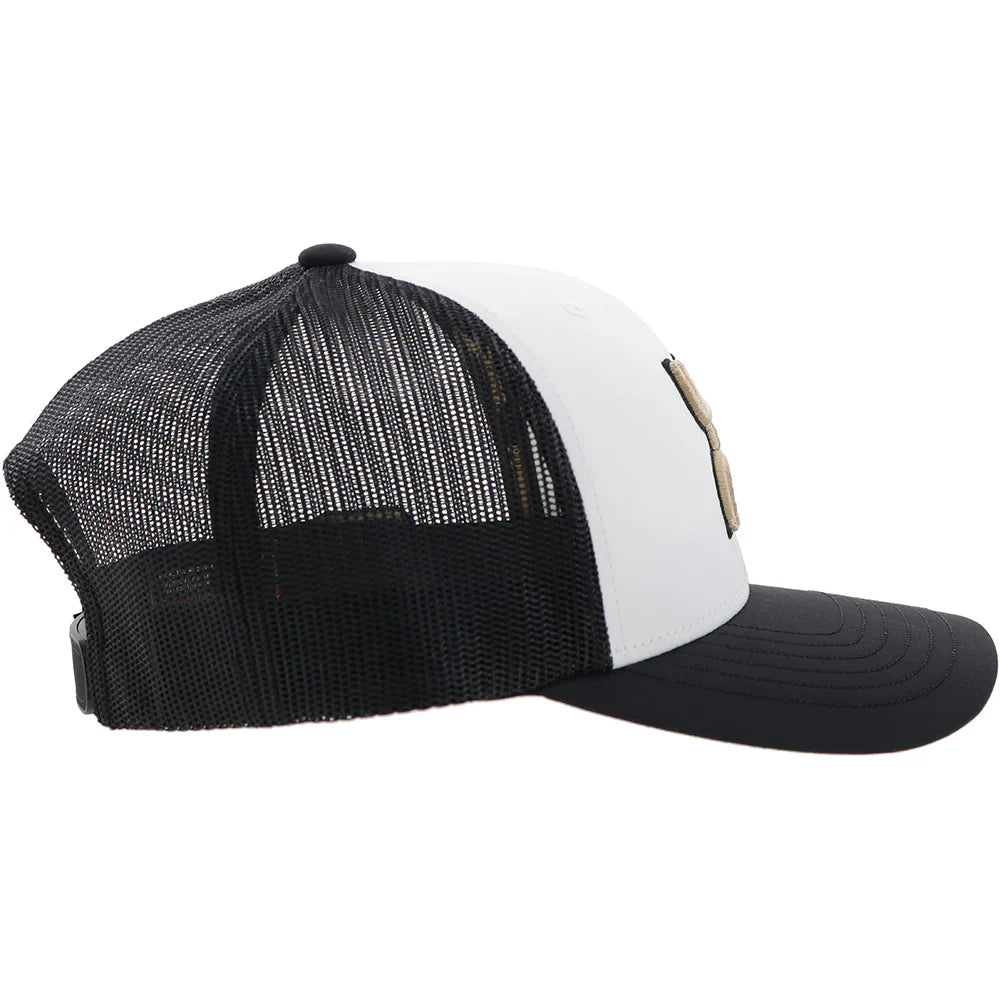 Black, white, and gold HOOey Purdue University trucker cap with adjustable mesh back and embroidered university logo.