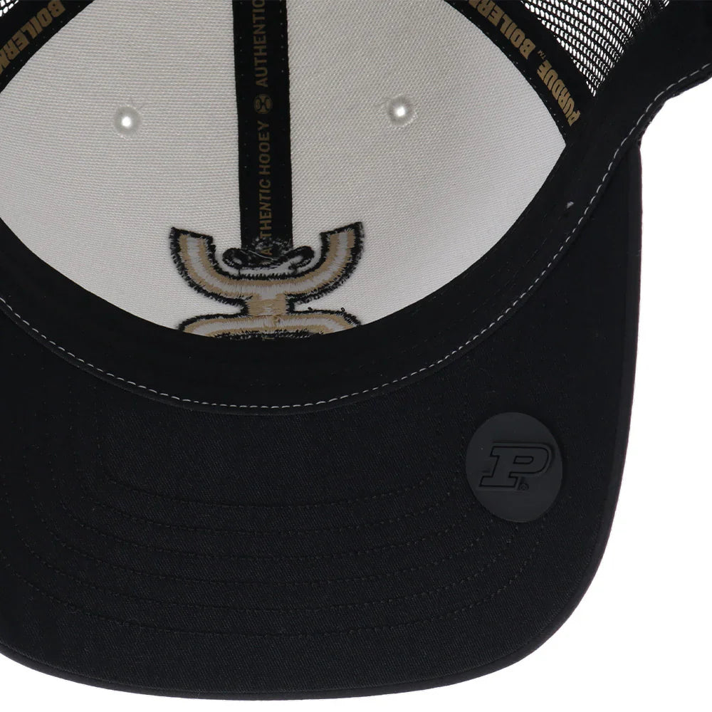 Black and white HOOey Purdue University trucker cap with gold accents, featuring structured front and mesh back for breathable headwear.