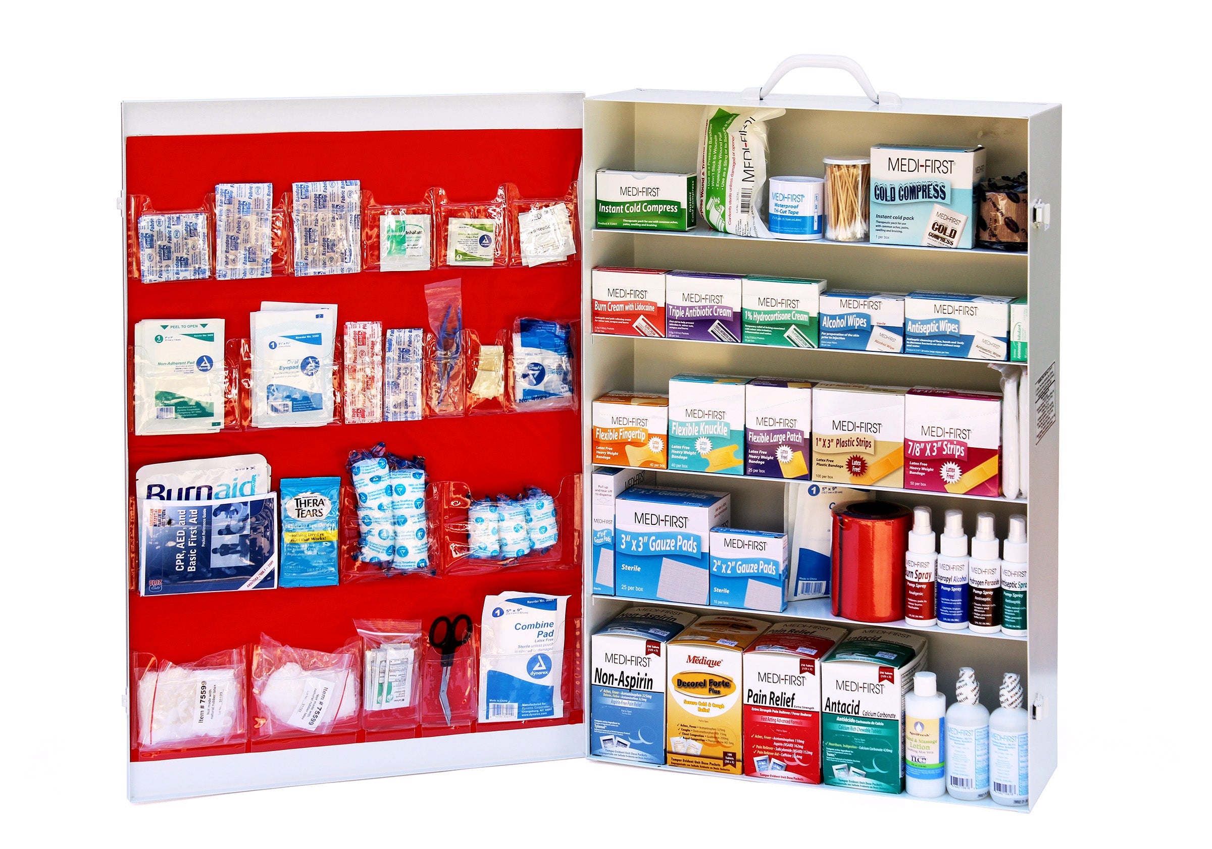 5-shelf ANSI first aid cabinet by Alpenglow Readiness Supply, featuring organized compartments and a clean white design.