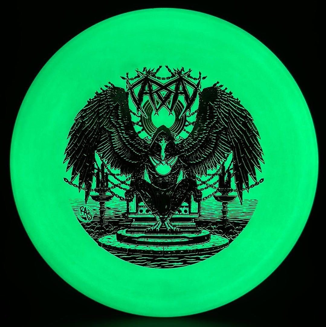 ESP Glo Buzzz disc golf disc by Rare Air Discs featuring Karudi the Overseer artwork, vibrant glow-in-the-dark finish.