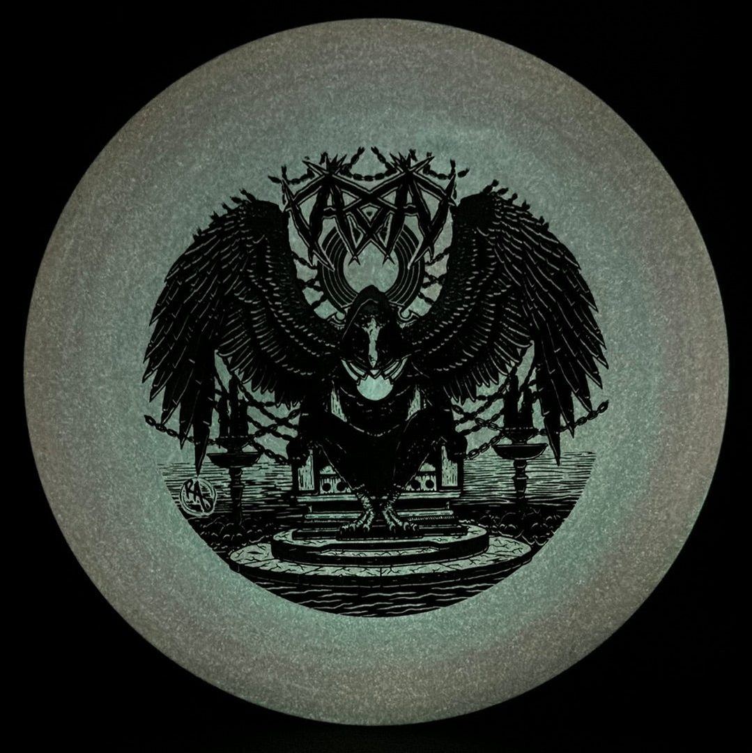 ESP Glo Buzzz disc golf disc by Rare Air Discs featuring Karudi the Overseer design, vibrant glow-in-the-dark finish.