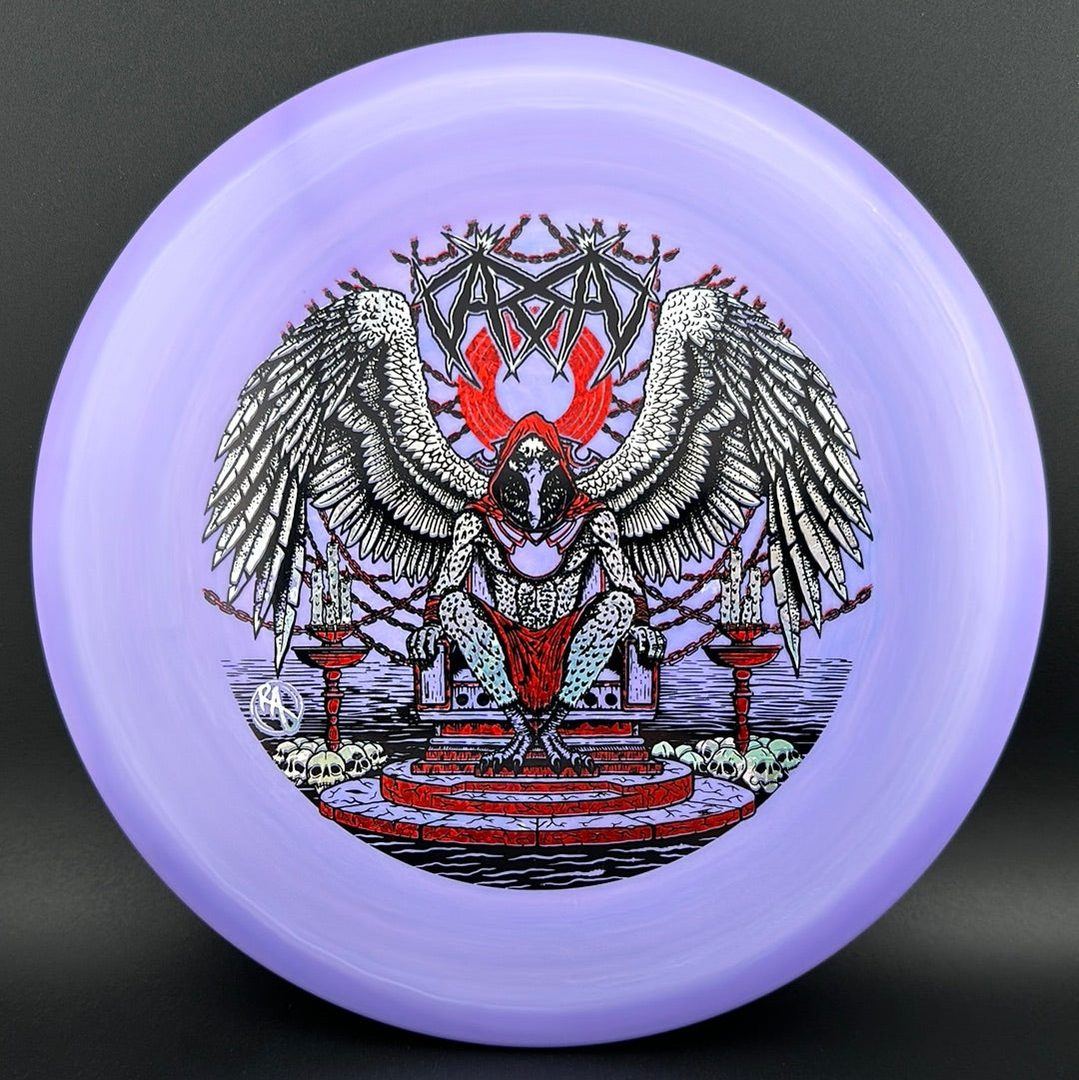ESP Glo Buzzz disc golf disc by Rare Air Discs featuring Karudi the Overseer artwork on a luminous, glow-in-the-dark disc.