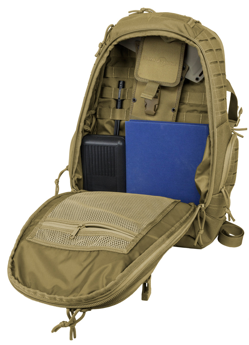 Elite Survival Systems Guardian EDC Backpack 25L showing main compartment with organizational pockets and sturdy zippers.