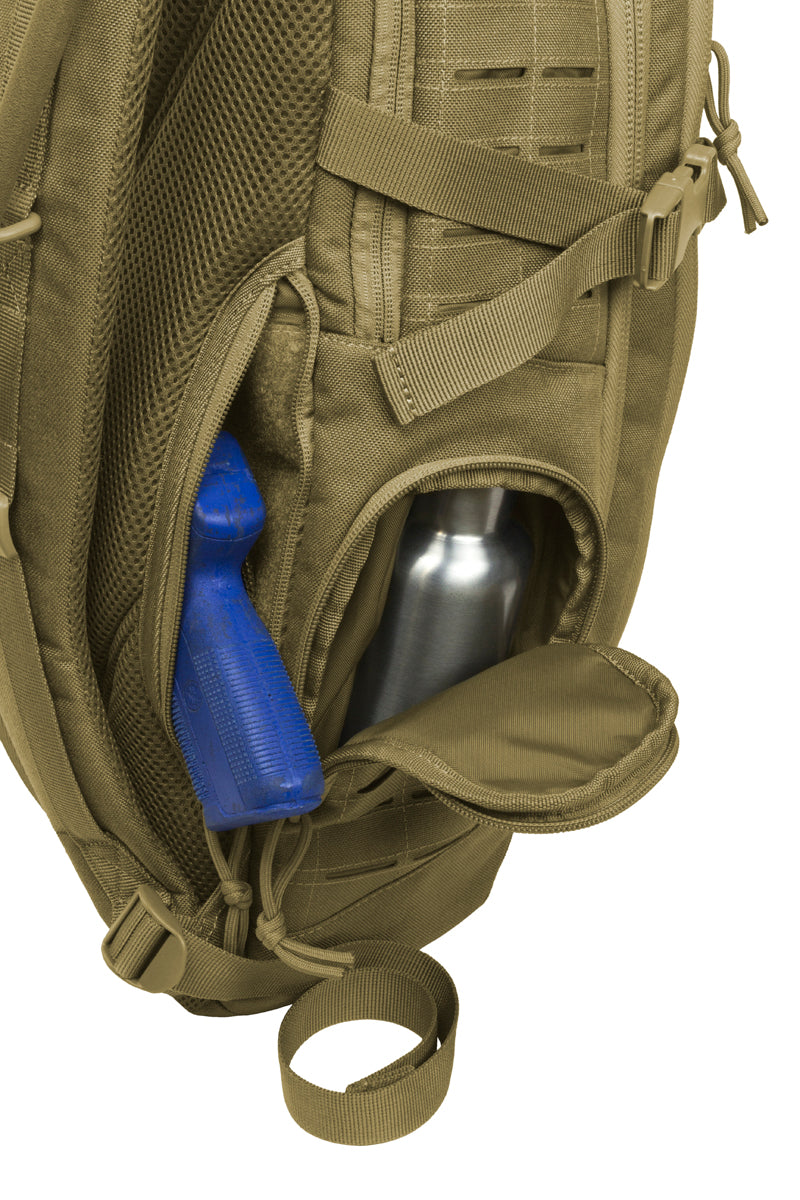 Elite Survival Systems Guardian EDC Backpack 25L with side pocket for concealment, showcasing durable fabric and tactical design.