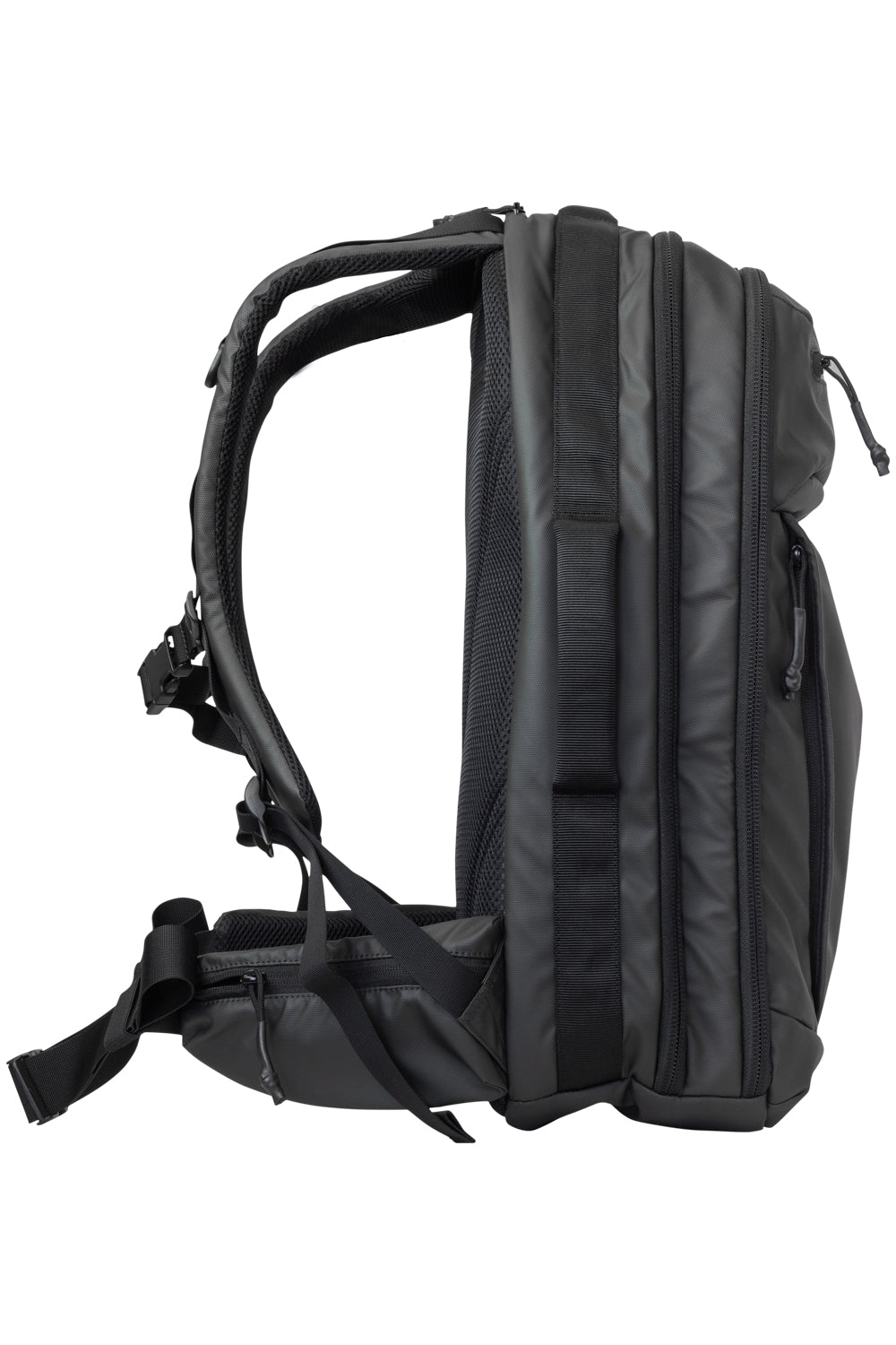 Side view of the Elite Survival Systems STEALTH SBR Backpack in black, showcasing its sleek design and storage compartments.