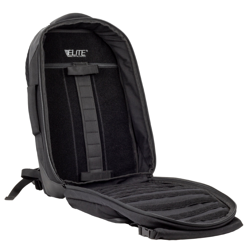 Elite Survival Systems Stealth Backpack tie-down straps in the main compartment, showcasing durable and adjustable design.