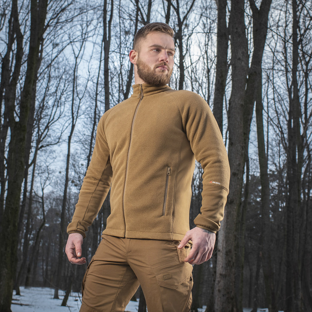 M-TAC fleece jacket in black, featuring Polartec fabric, perfect for outdoor sports and casual wear.