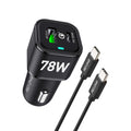 Rexing Jetspeed black 78W PowerDelivery+ USB-C and USB car charger with cables for fast charging in vehicles.