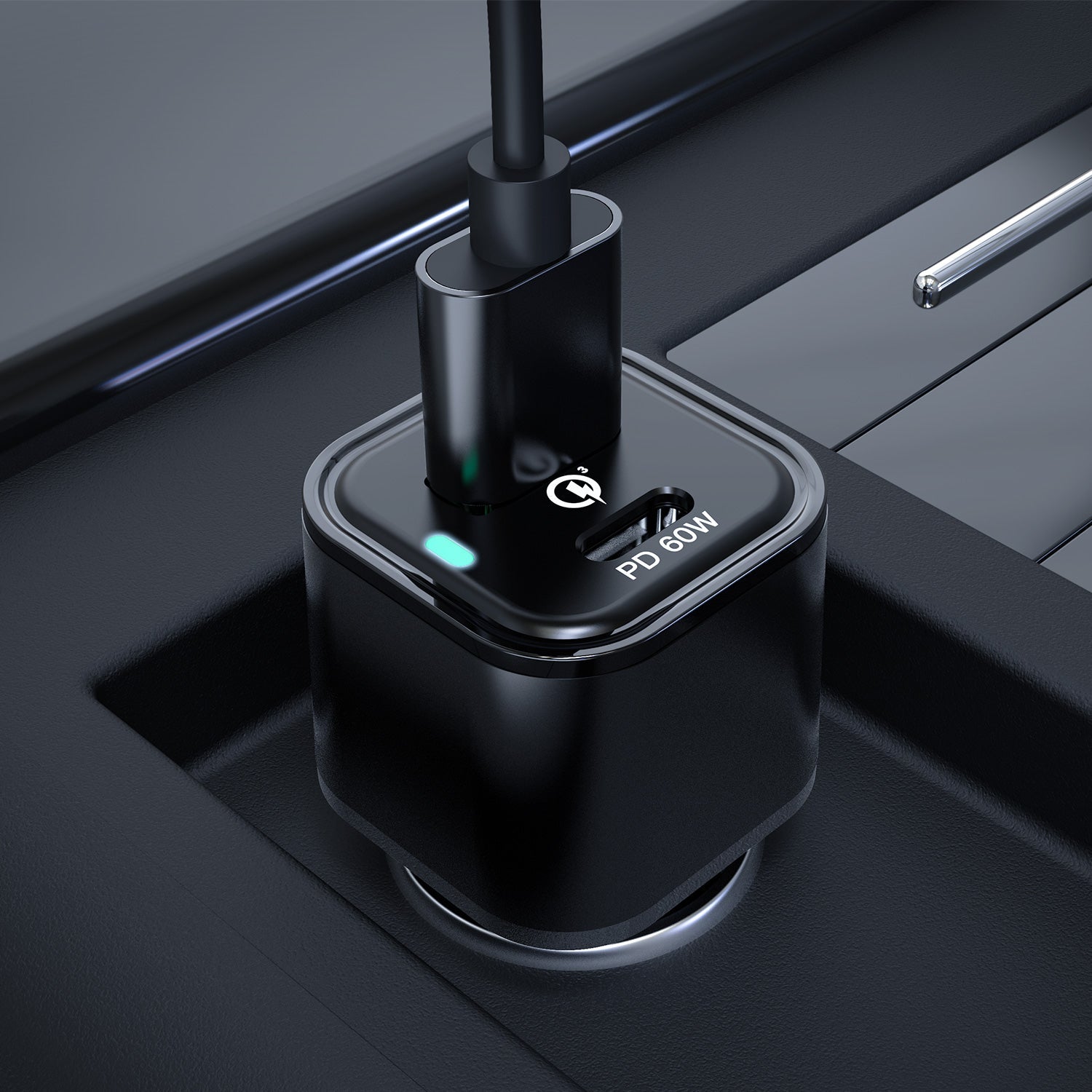 Rexing Jetspeed black 78W Power Delivery car charger with USB-C and USB cables, compact car electronics accessory.
