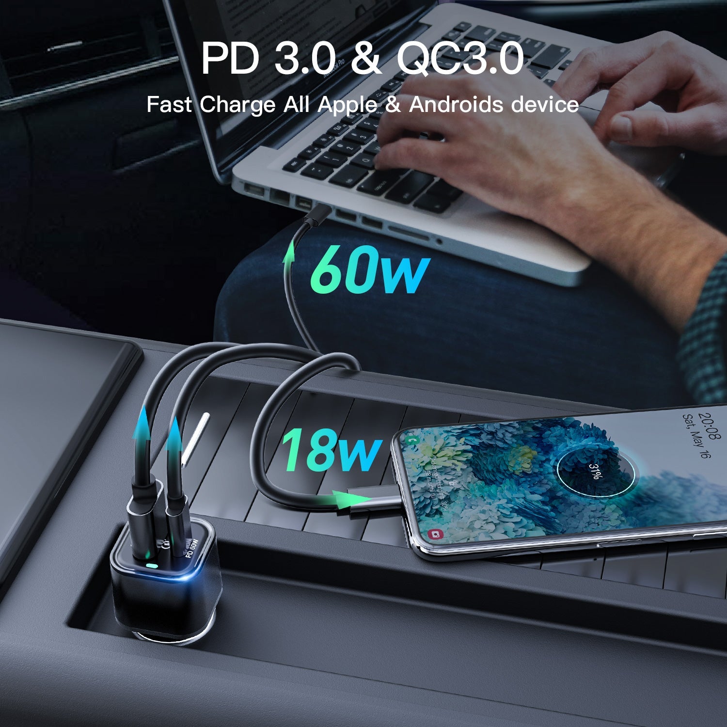 Rexing Jetspeed 78W PowerDelivery+ USB-C/USB car charger with cables, black compact design for fast charging in vehicles.