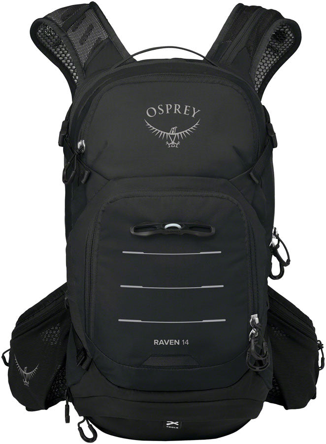 Osprey Raven 14 Black Hydration Pack with adjustable straps and hydration reservoir compartment for outdoor adventures.