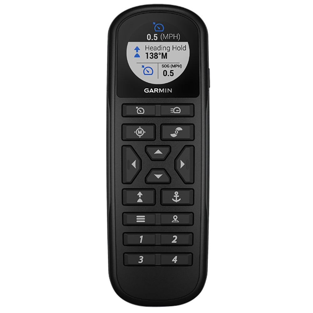 Garmin Force Trolling Motor remote control accessory for Garmin trolling motors, featuring buttons and display screen.