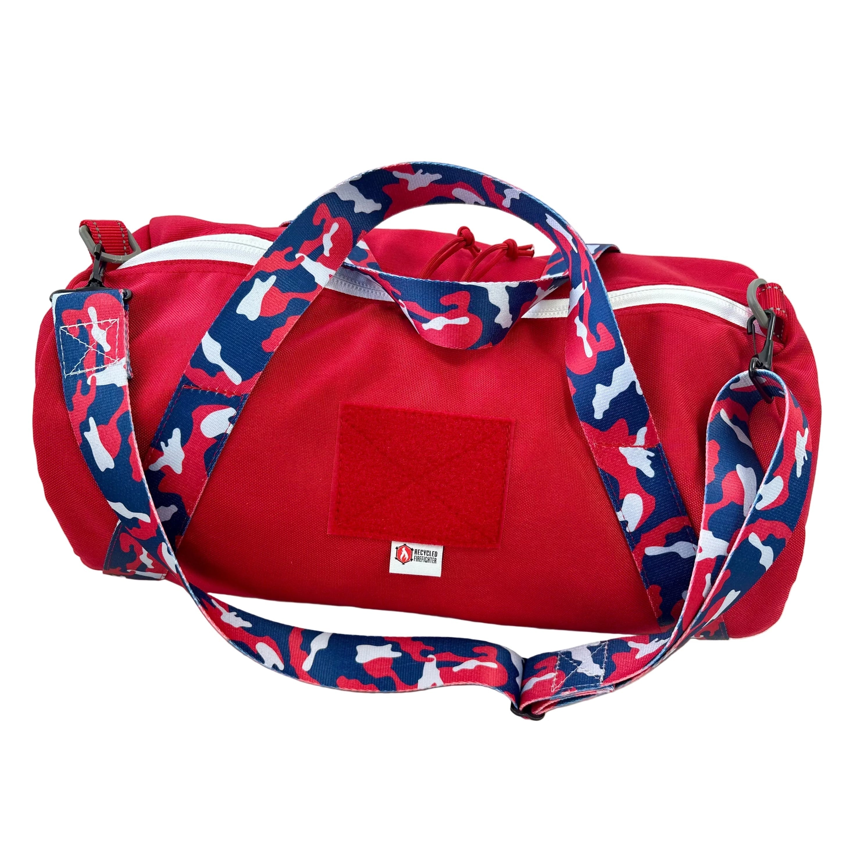 Recycled Firefighter Barrel Duffle Bag 1000D backpack with durable straps and zip closure, black fabric, and rugged design.