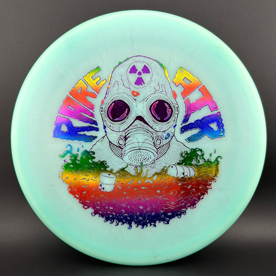 Color Lunar Recon Mortar F2 disc golf disc by Rare Air Discs featuring a radioactive man stamp in vibrant colors.