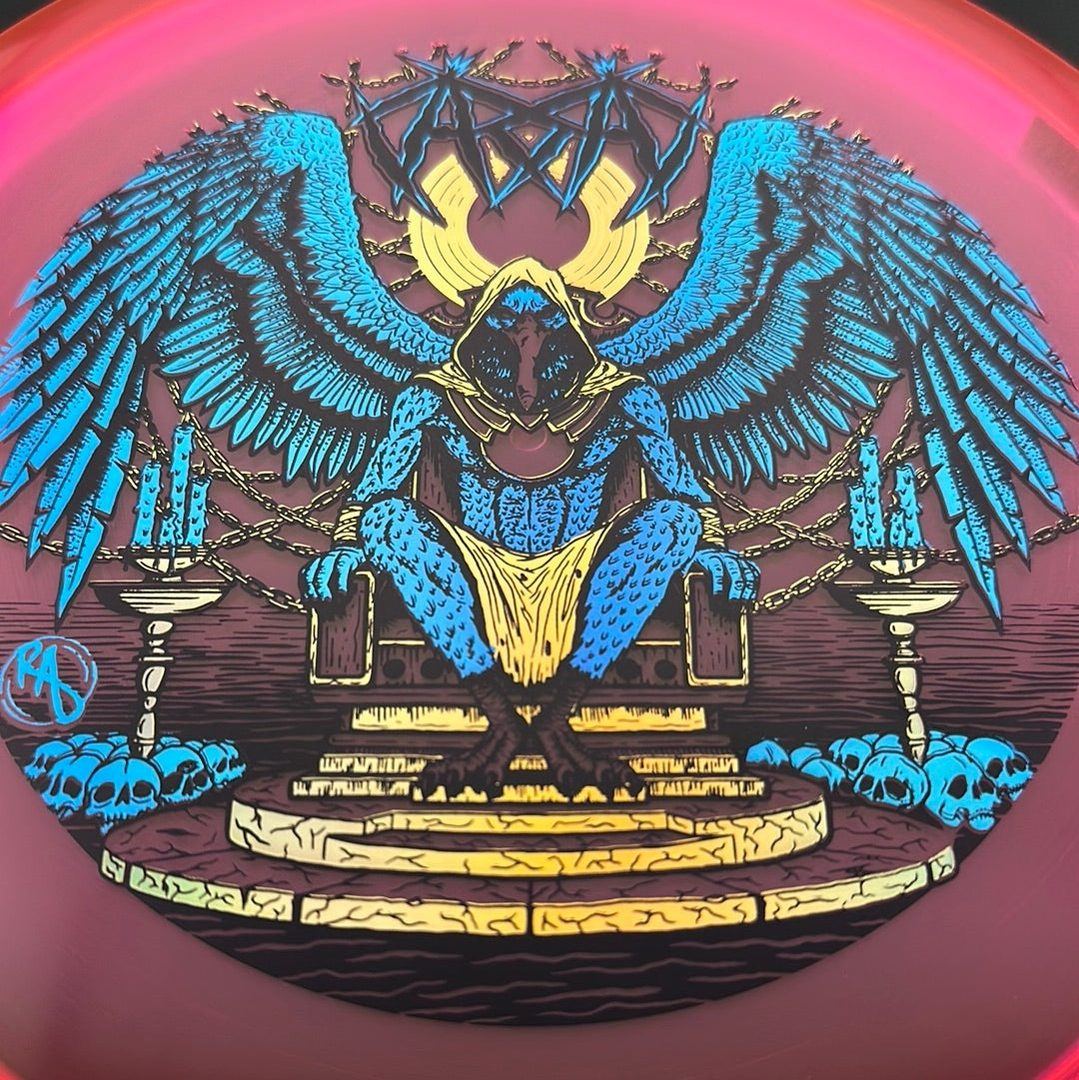 CryZtal Buzzz disc golf disc by Rare Air Discs featuring Karudi the Overseer from Cult of RAD, with a colorful, detailed design.
