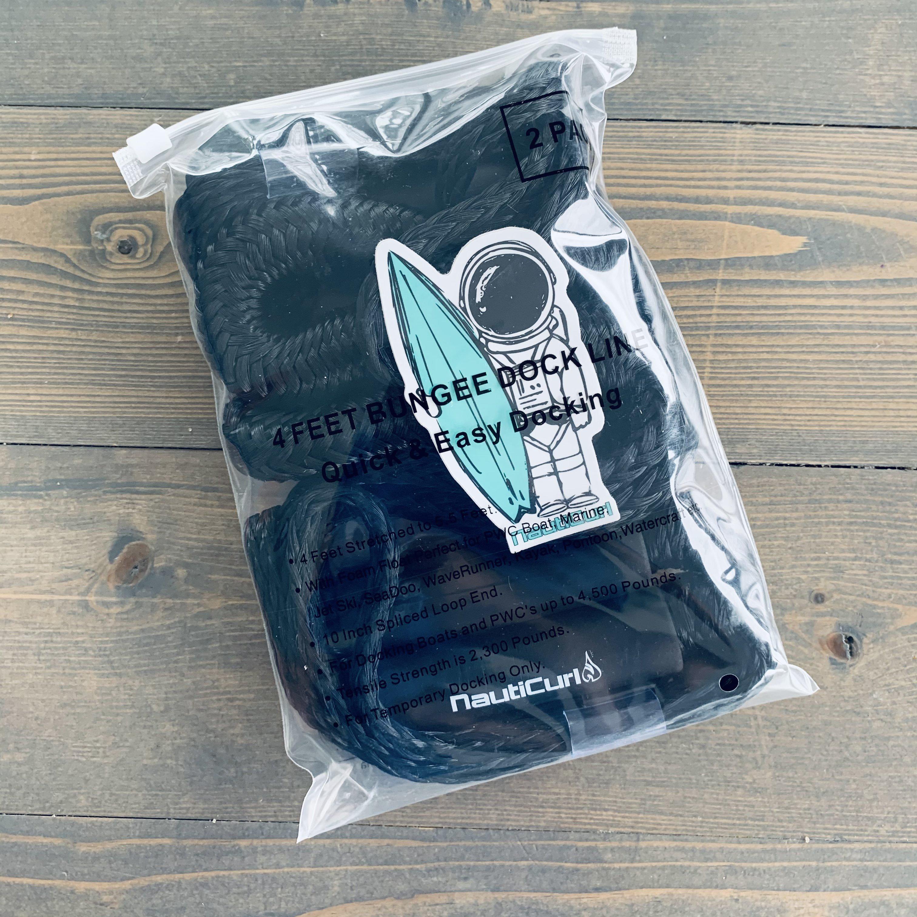 NautiCurl LLC shock-absorbing bungee boat ropes, two accessory ropes with durable woven covers and metal hooks for marine use.