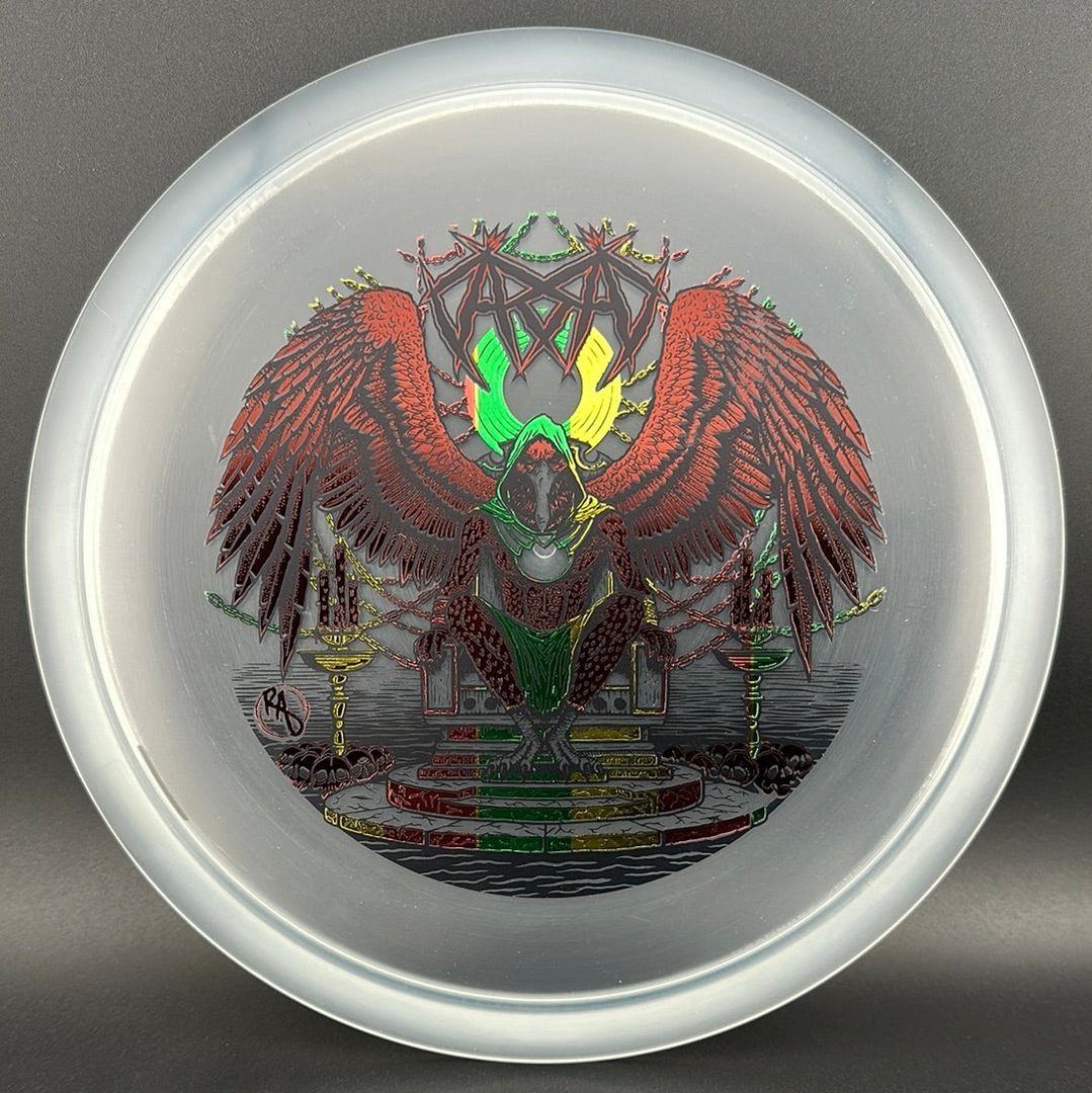 CryZtal Buzzz disc golf disc by Rare Air Discs featuring Karudi the Overseer design, vibrant colors, and detailed artwork.
