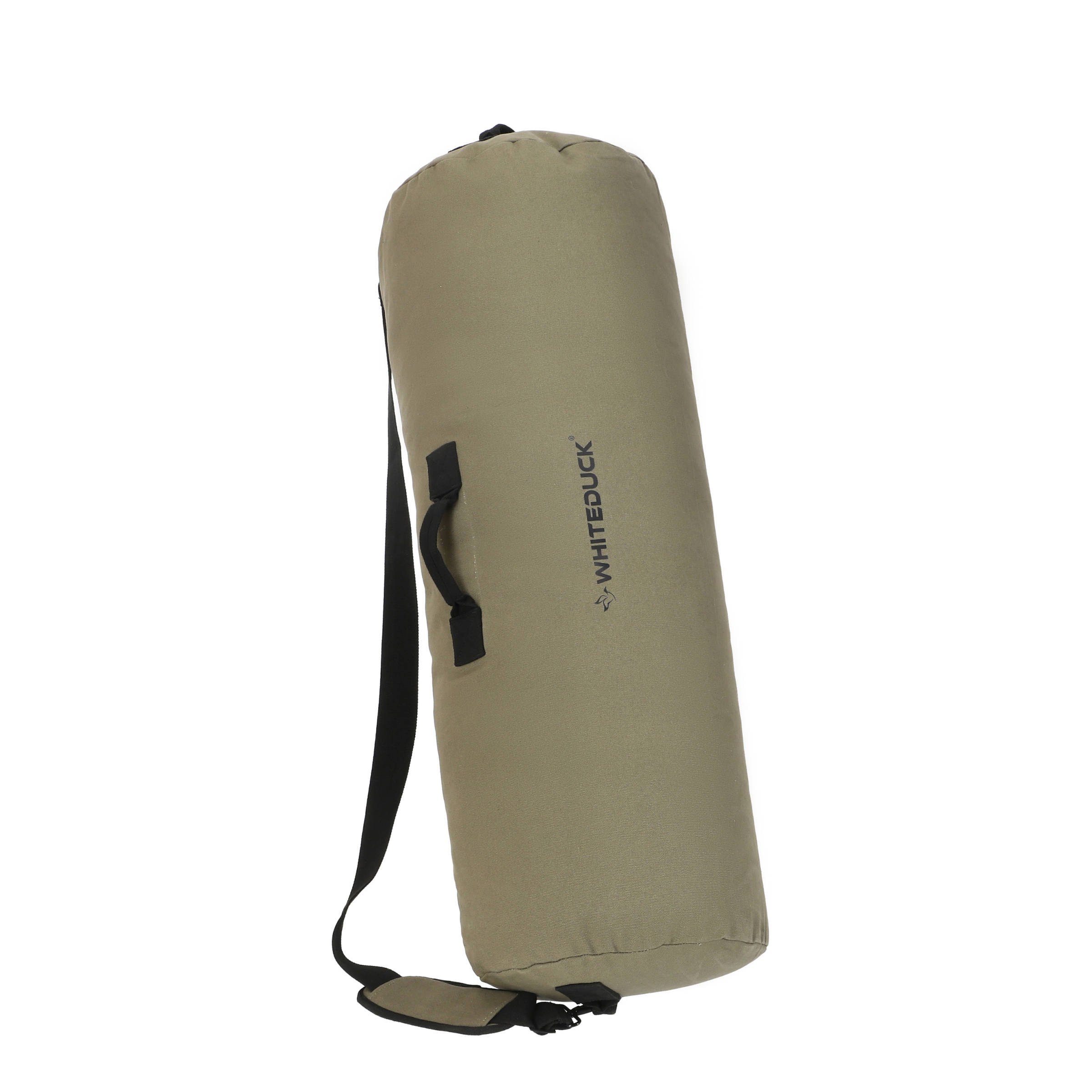 White Duck Outdoors Hoplite Canvas Duffel Bag showing sturdy beige canvas material and black leather accents for travel or gym use.