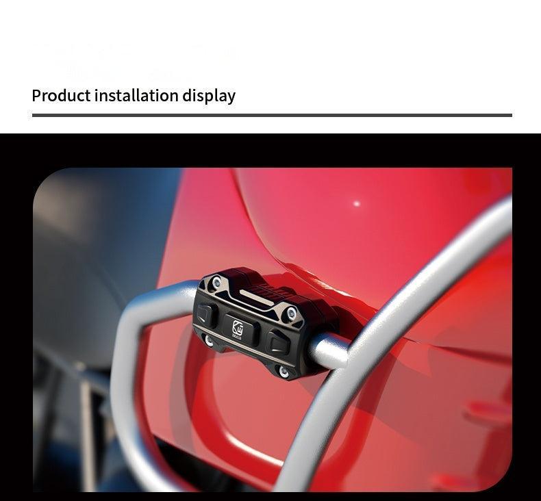 Bean's Moto Booth motorcycle crash bar protection buffer block for motorcycle accessories, shown mounted on a bike frame.